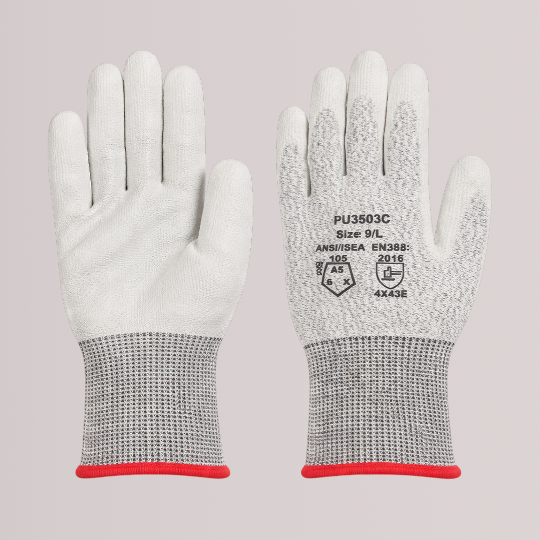 A5 Cut Resistant Work Gloves (13 Gauge | HPPE + Steel Fiber | PU Palm Coated | Touchscreen Compatible)