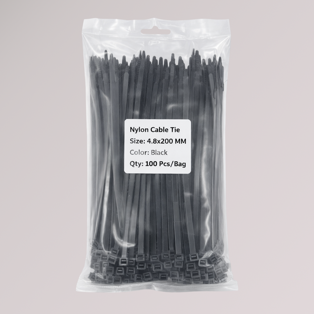 Single Side Cable Ties (Zip Ties) — 4.8 mm × 200 mm (0.19″ × 8″), UV-Resistant, Black, 100 Pack