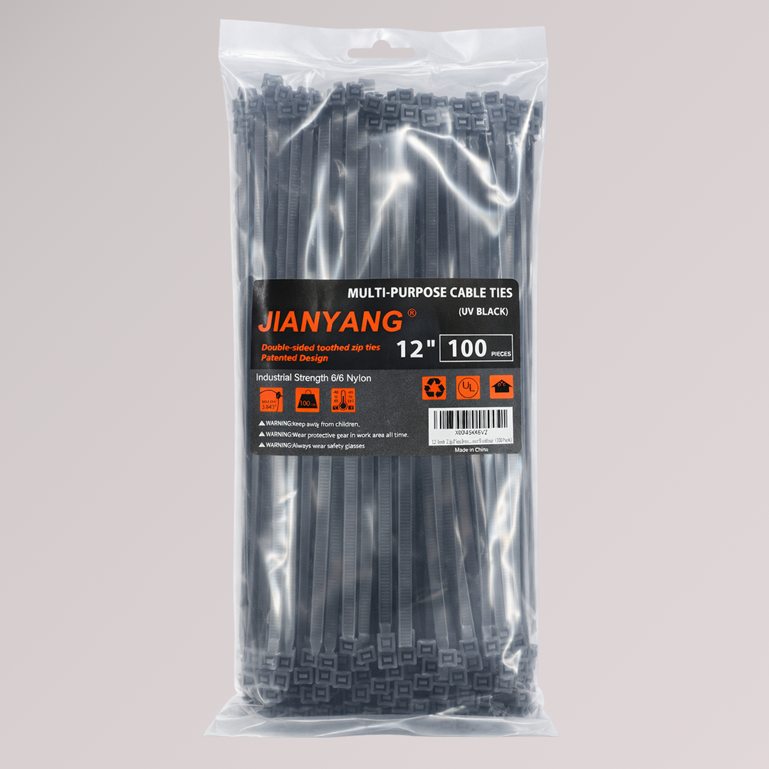 Double-Sided Cable Ties (Zip Ties) — 4.8 mm × 300 mm (0.19″ × 12″), UV-Resistant, Black, 100 Pack