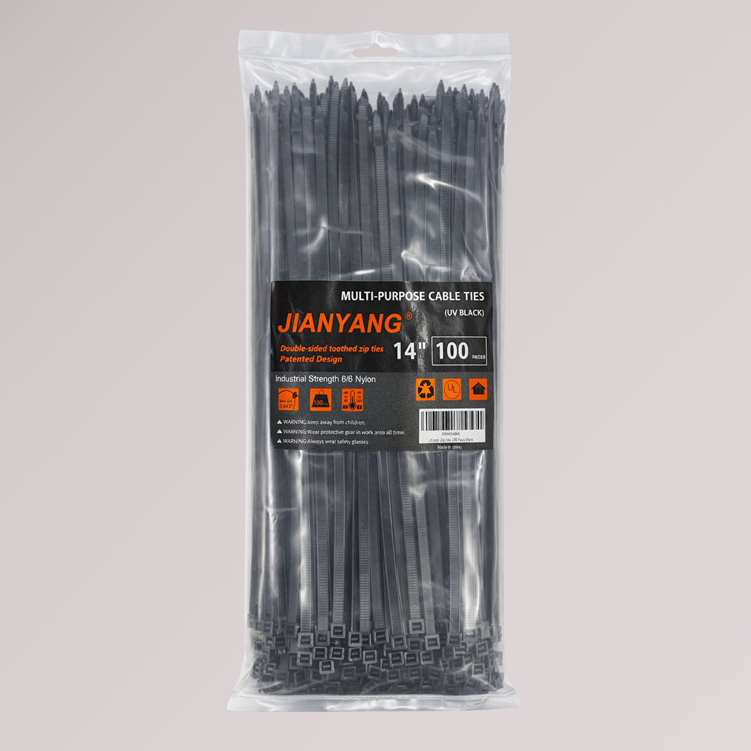 Double-Sided Cable Ties (Zip Ties) — 4.8 mm × 350 mm (0.19″ × 14″), UV-Resistant, Black, 100 Pack