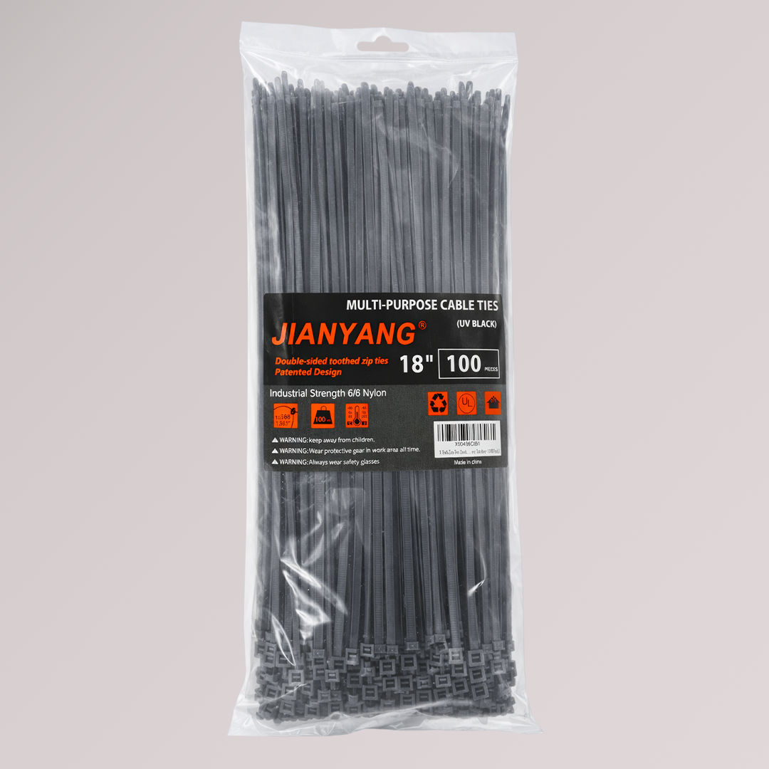 Double-Sided Cable Ties (Zip Ties) — 4.8 mm × 450 mm (0.19″ × 18″), UV-Resistant, Black, 100 Pack