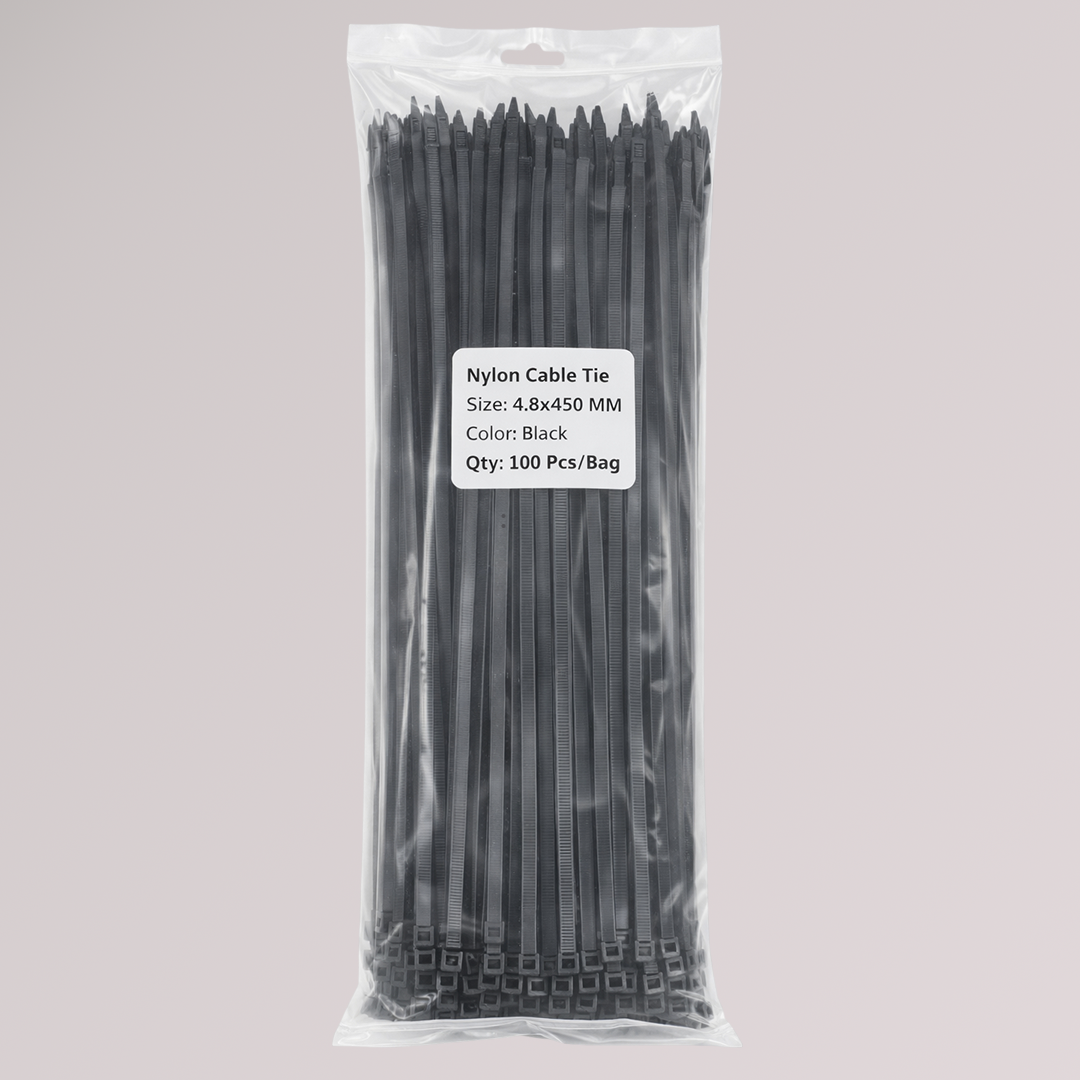 Single Side Cable Ties (Zip Ties) — 4.8 mm × 450 mm (0.19″ × 18″), UV-Resistant, Black, 100 Pack
