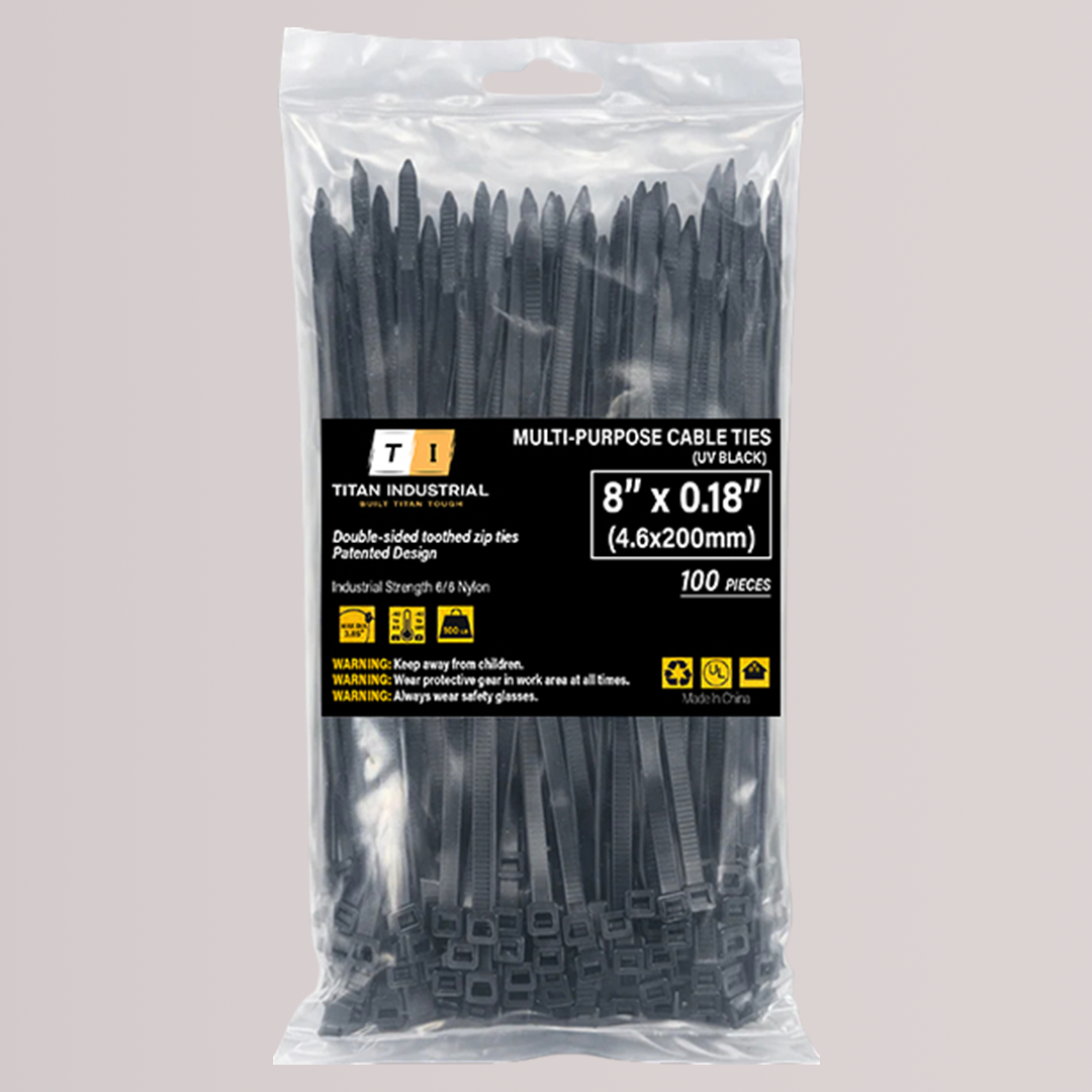 Double-Sided Cable Ties (Zip Ties) — 4.6 mm × 200 mm (0.18″ × 8″), UV-Resistant, Black, 100 Pack