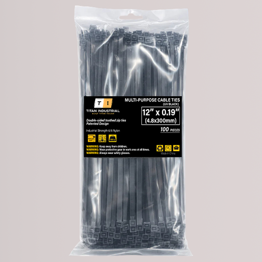 Double-Sided Cable Ties (Zip Ties) — 4.8 mm × 300 mm (0.19″ × 12″), UV-Resistant, Black, 100 Pack