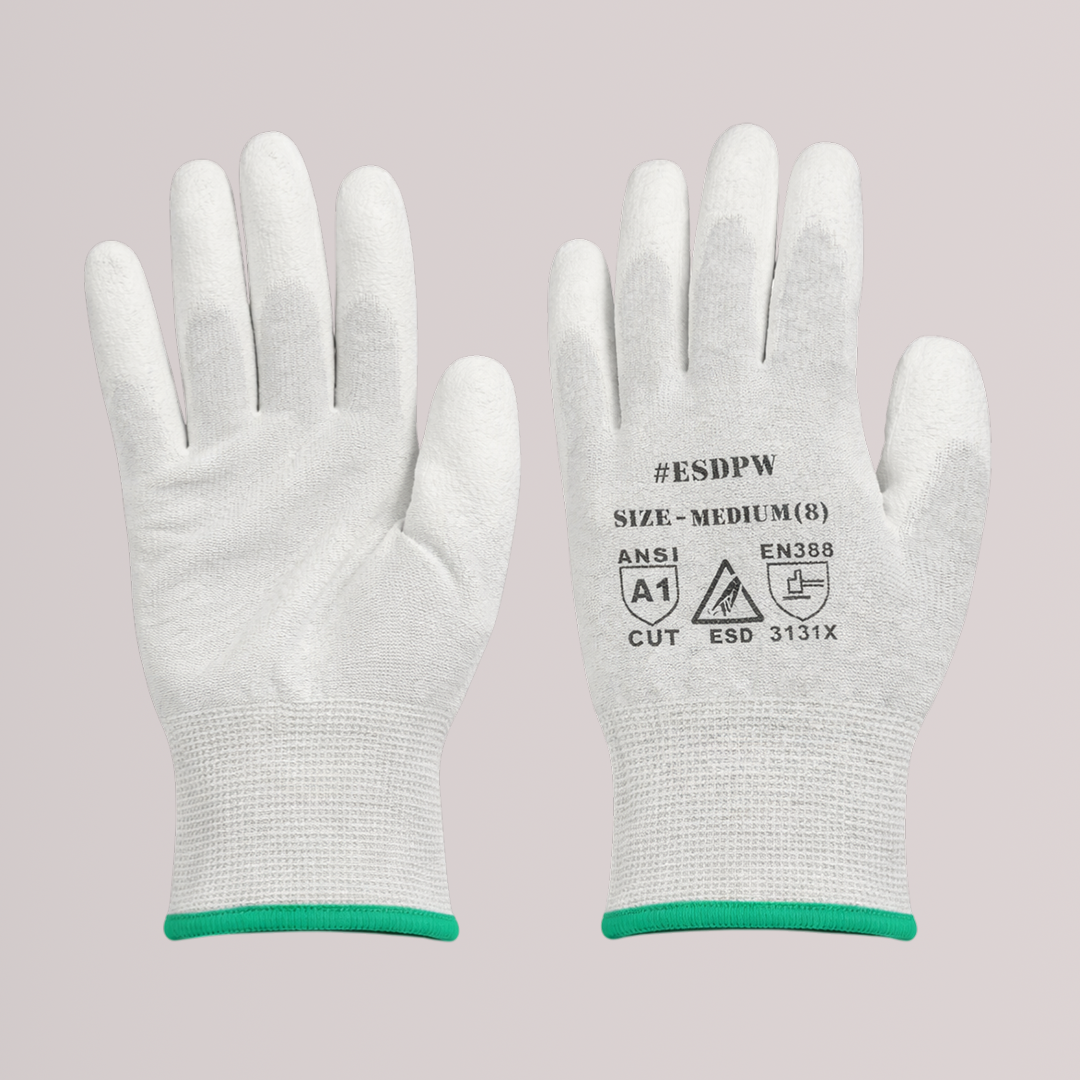 Anti-Static PU Coated Work Gloves – White (13 Gauge | Polyester Knit | PU Palm Coated)