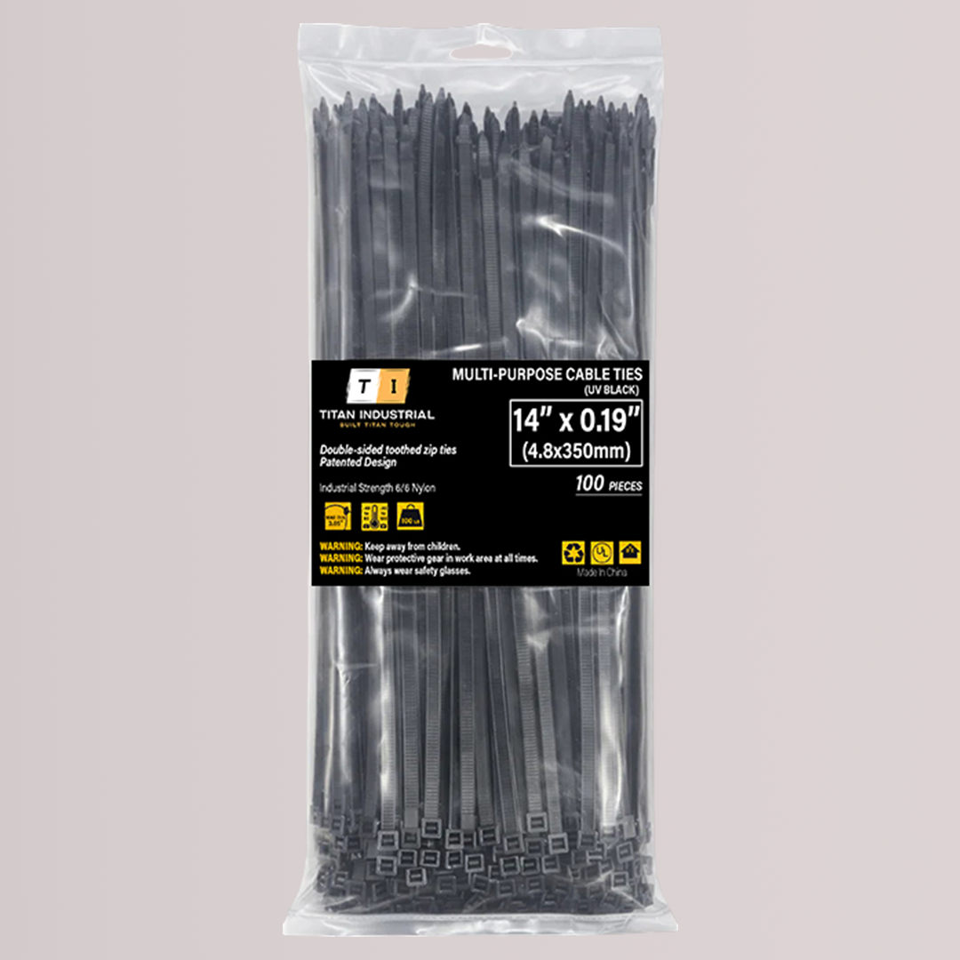 Double-Sided Cable Ties (Zip Ties) — 4.8 mm × 350 mm (0.19″ × 14″), UV-Resistant, Black, 100 Pack