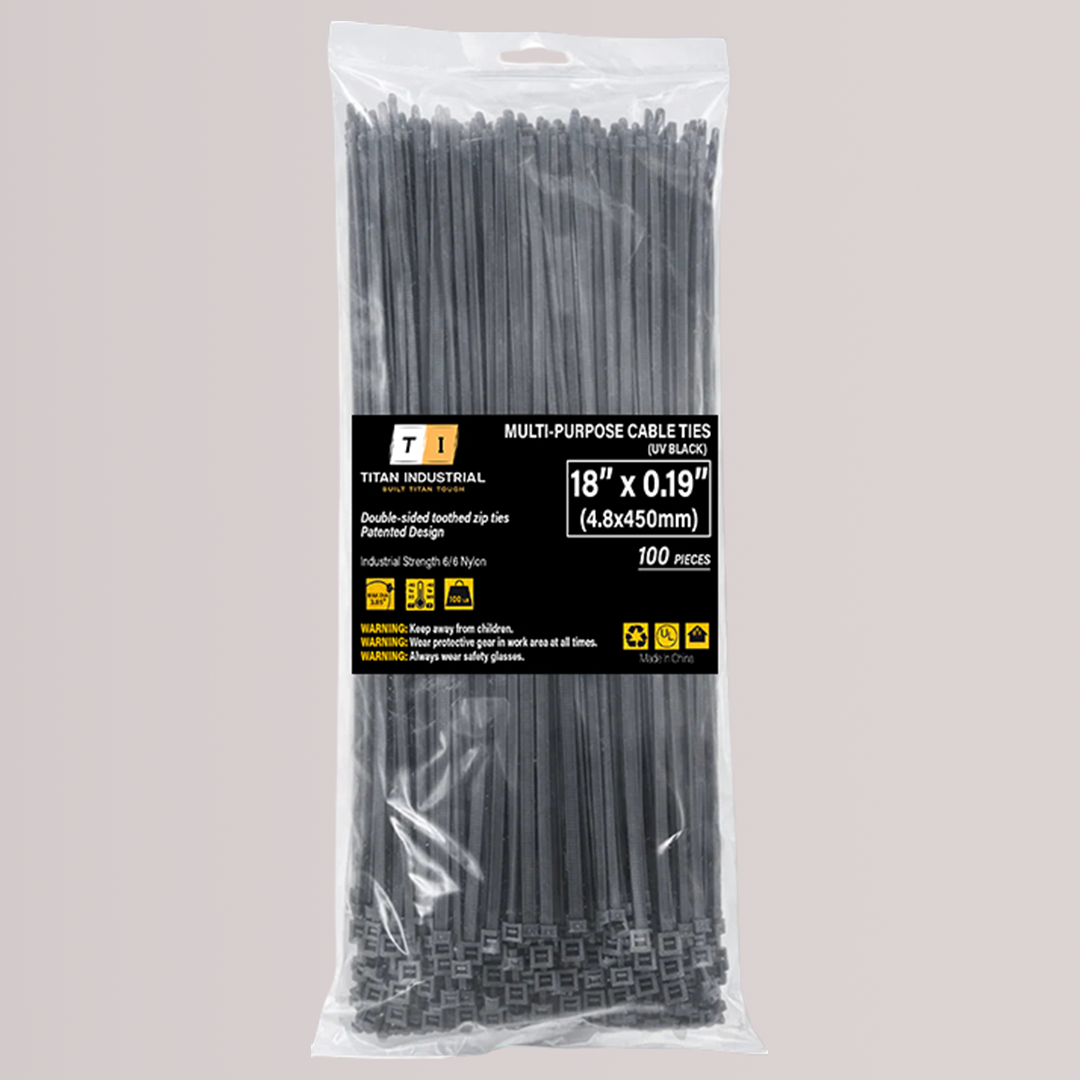 Double-Sided Cable Ties (Zip Ties) — 4.8 mm × 450 mm (0.19″ × 18″), UV-Resistant, Black, 100 Pack