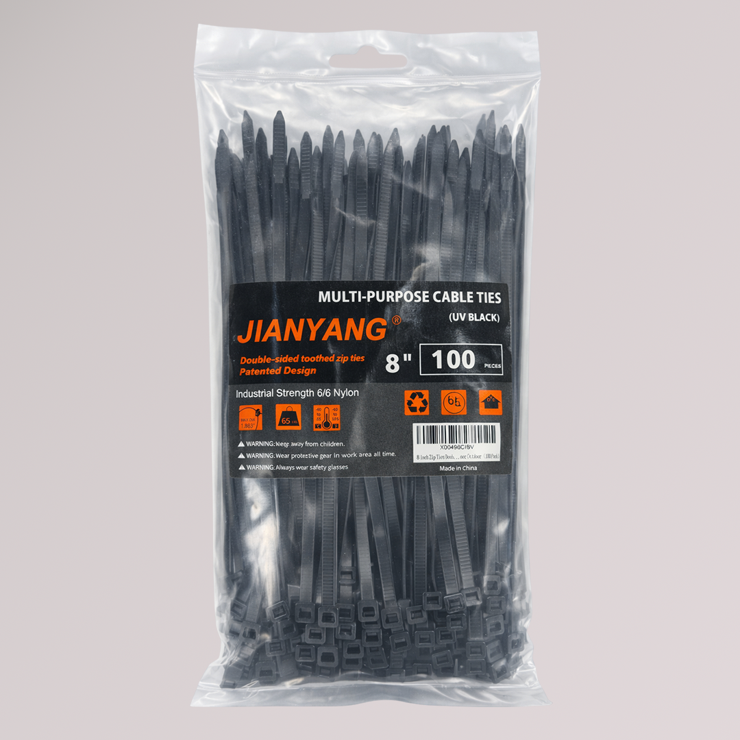 Double-Sided Cable Ties (Zip Ties) — 4.6 mm × 200 mm (0.18″ × 8″), UV-Resistant, Black, 100 Pack