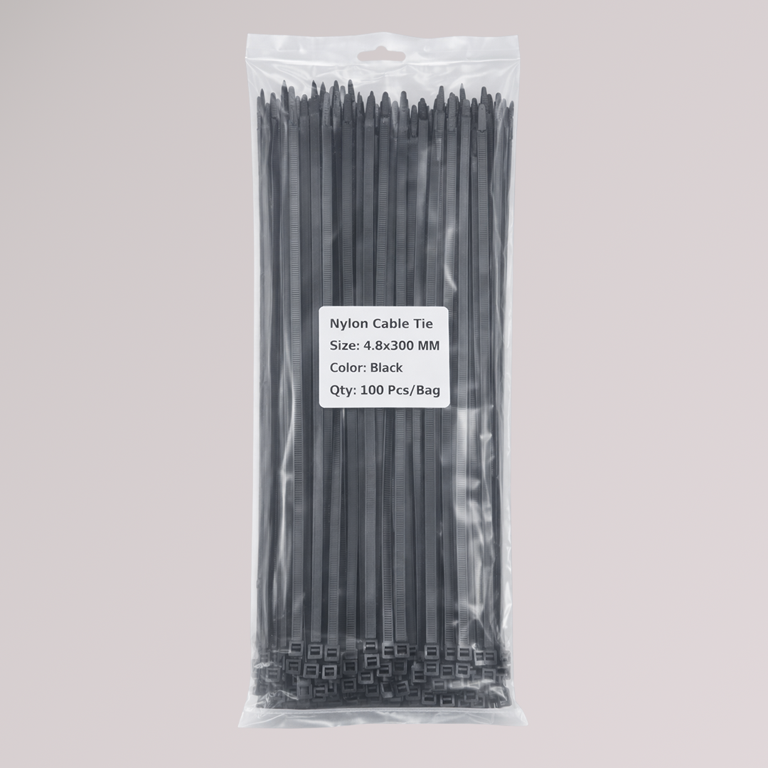 Single Side Cable Ties (Zip Ties) — 4.8 mm × 300 mm (0.19″ × 12″), UV-Resistant, Black, 100 Pack
