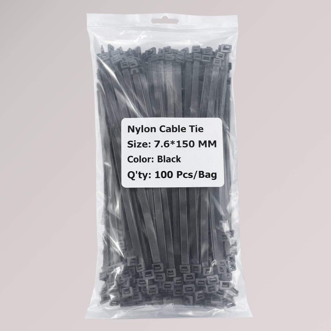 Thick Cable Ties (Zip Ties) — 7.6 mm × 150 mm (0.30″ × 6″), UV-Resistant, Black, 100 Pack