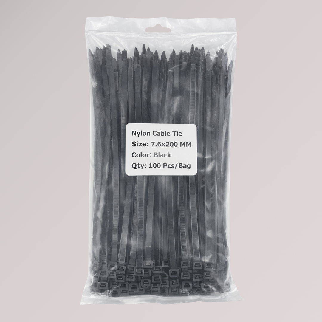 Thick Cable Ties (Zip Ties) — 7.6 mm × 200 mm (0.30″ × 8″), UV-Resistant, Black, 100 Pack