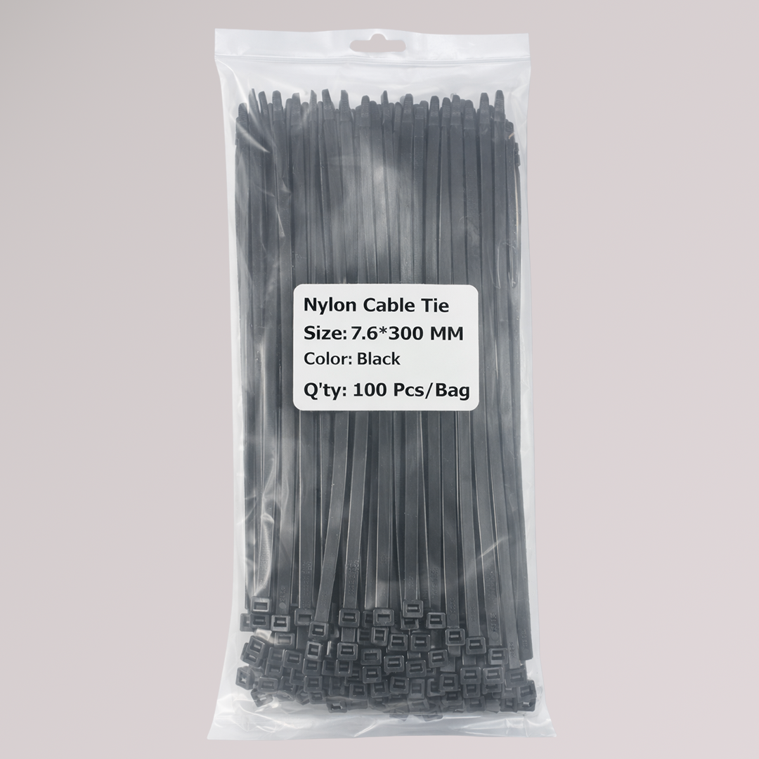 Thick Cable Ties (Zip Ties) — 7.6 mm × 300 mm (0.30″ × 12″), UV-Resistant, Black, 100 Pack