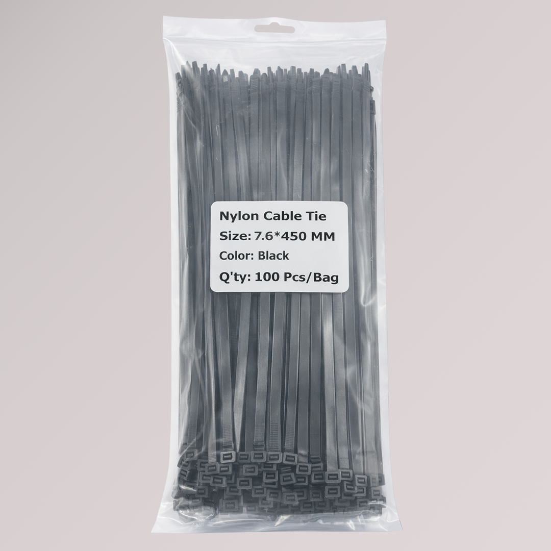 Thick Cable Ties (Zip Ties) — 7.6 mm × 450 mm (0.30″ × 18″), UV-Resistant, Black, 100 Pack